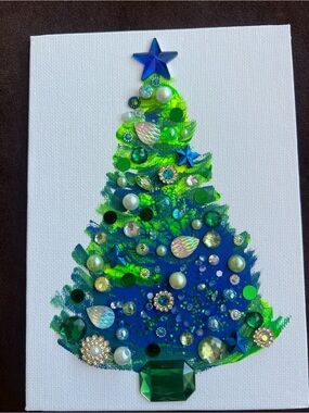 Handmade Blue & Green Jeweled Christmas Tree Canvas
